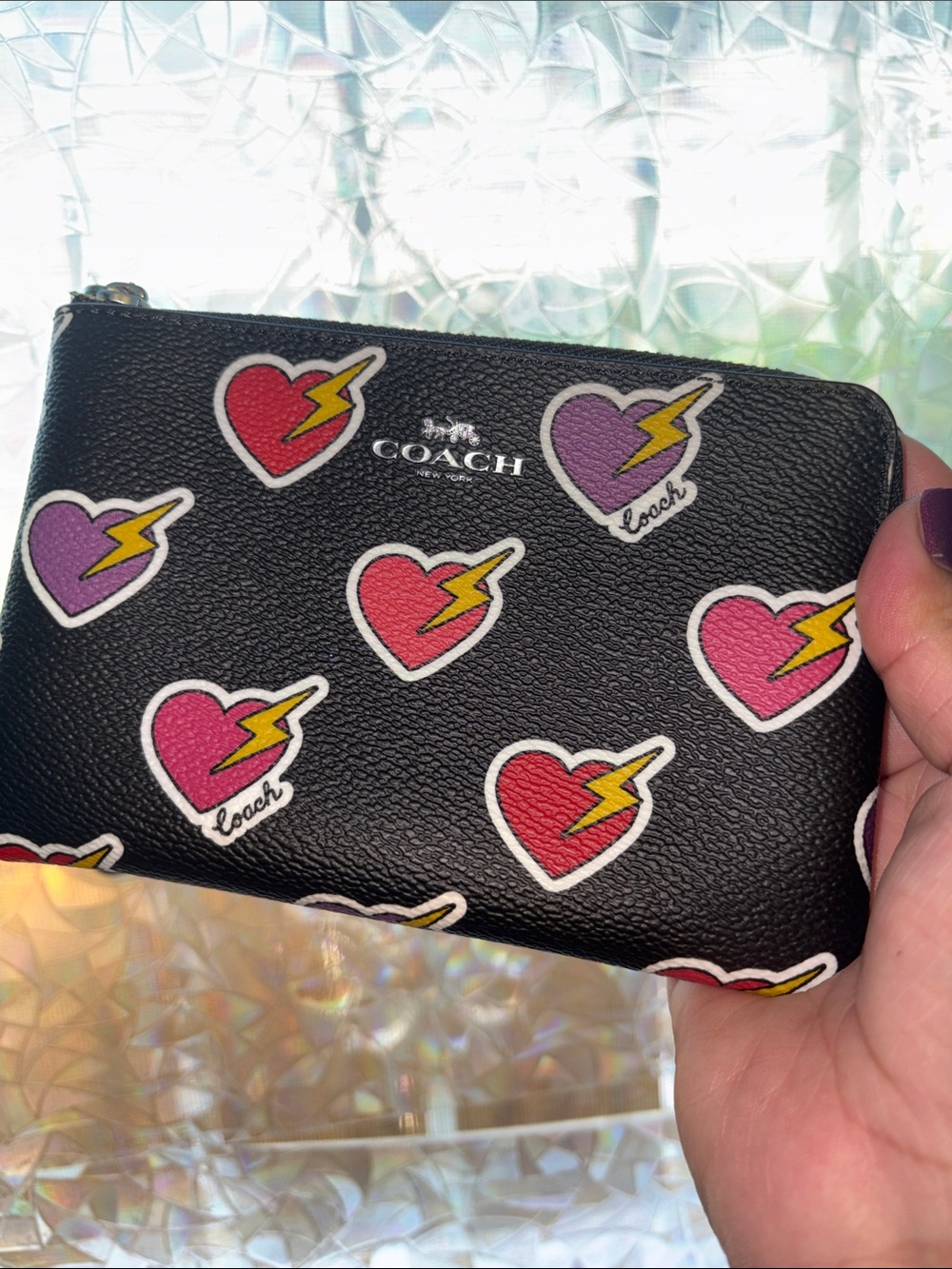 COACH Black Wristlet with Heart Lightning Patch Print
